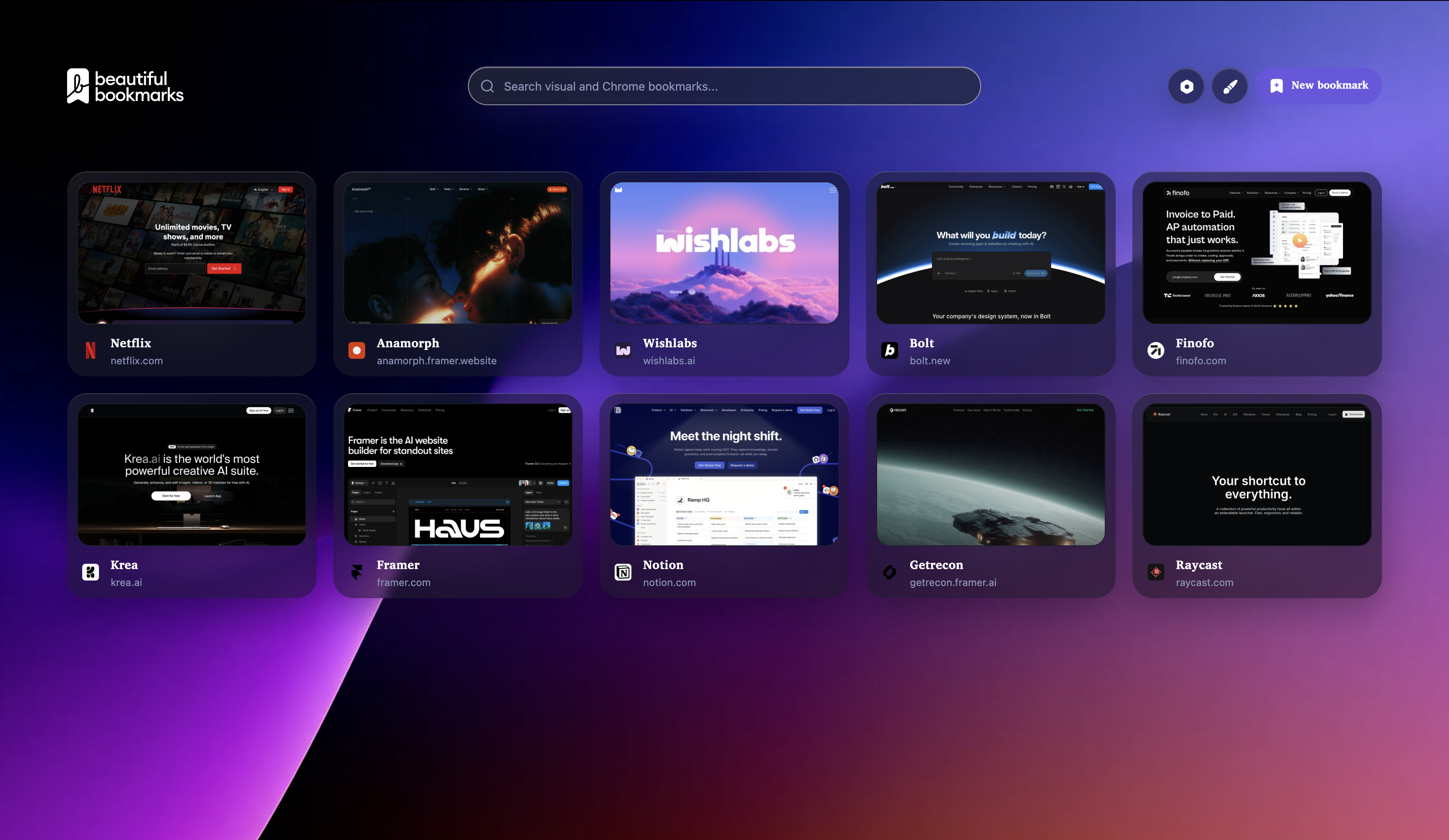 Beautiful Bookmarks visual grid on a new Chrome tab