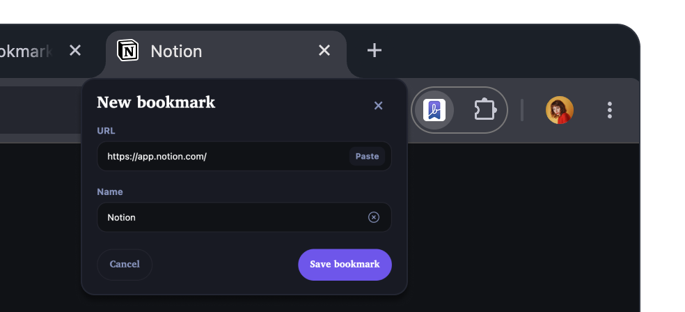 Adding a Notion bookmark from the Beautiful Bookmarks Chrome toolbar popup